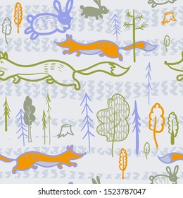 seamless abstract pattern  in the Scandinavian style  for children with forest, trees, foxes and hares, silhouettes of running forest animals