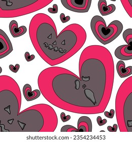 Seamless abstract pattern with scary hearts, faces. Pink, dark gray, black, white. Vector. Halloween. Designs for textile fabrics, wrapping paper, background, wallpaper, cover.