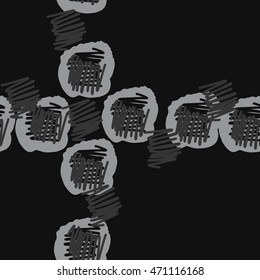 Seamless  abstract pattern with scribbles, doodles,  spots, hole, cross, copy space. Hand drawn.