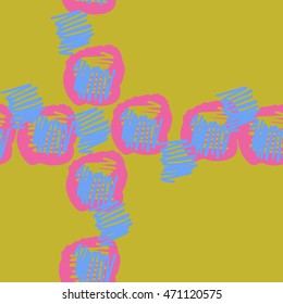 Seamless  abstract pattern with scribbles, doodles,  spots, hole, cross, copy space. Hand drawn.