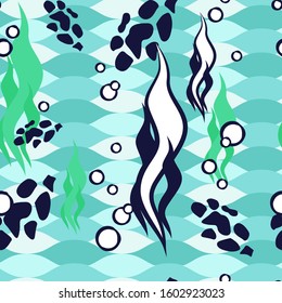 Seamless abstract pattern in a sea style. Geometric seaweed on a marine background. Seamless texture of the sea