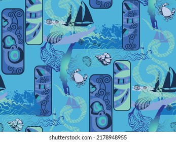 Seamless abstract pattern of sea vessels and shells.  Blue colors.  Suitable for postcards, posters, design decoration and the like