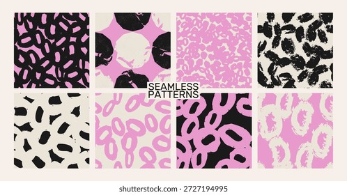 Seamless abstract pattern set with expressive organic shapes in soft pink and neutral tones. Modern hand-drawn textures with bold graphic forms. Minimal vector backgrounds for fashion, textiles and surface design