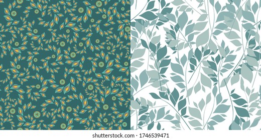 Seamless abstract pattern, set of two vectors with floral elements in the form of leaves on a turquoise and white background. For textiles, clothing, bedding, wallpaper, tile