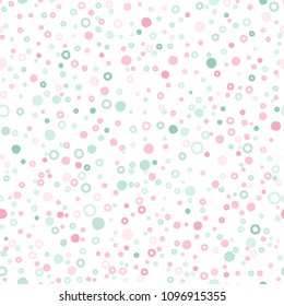 Seamless abstract pattern with shabby spots and bubbles of different pastel pink and turquoise colors. Kaleidoscope background. Decorative wallpaper, good for printing. Vector illustration.