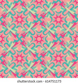 Seamless abstract pattern. Shades of pink, green and yellow colors.Curved arrow segments.
