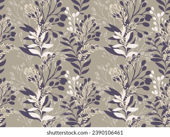 Seamless abstract pattern with shape silhouettes leaf, branches, leaves. Vector hand drawn sketch. Creative stylized  simple monotone beige print. Template for design.