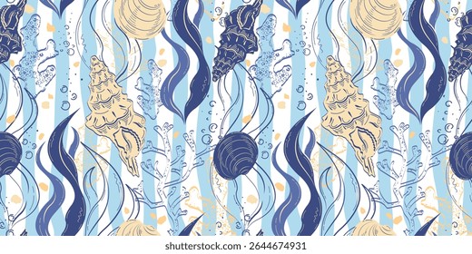 Padrão contínuo e abstrato com conchas, corais e algas. Ideal para capas, fundos, embalagens, têxteis.