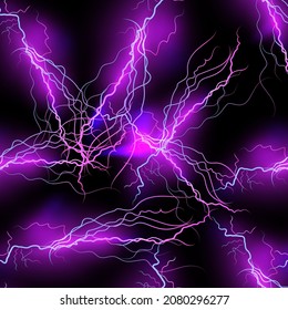 Seamless abstract pattern of shiny lightning on a black background.