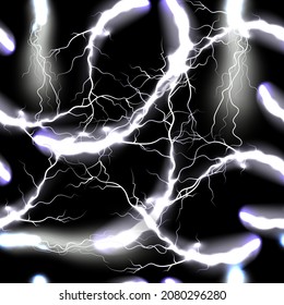 Seamless abstract pattern of shiny lightning on a black background.