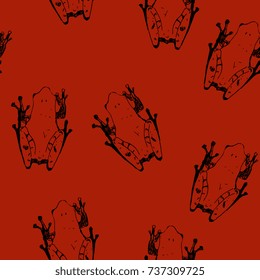 Seamless abstract pattern with silhouetted sketches of tropical frogs. Based on hand drawn illustration.