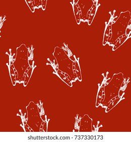 Seamless abstract pattern with silhouetted sketches of tropical frogs. Based on hand drawn illustration.