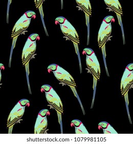 Seamless abstract pattern with silhouettes of Alexandrine parakeet (Psittacula eupatria) or Alexandrine parrot. Flat cartoon style.