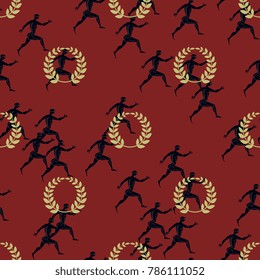 Seamless abstract pattern with silhouettes of ancient Greek runners and laurel wreaths. 