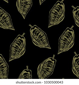 Seamless abstract pattern with silhouettes of cocoa bean pods. Based on hand drawn linear ink sketch. Vintage etching engraving style.