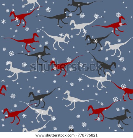 Seamless abstract pattern with silhouettes of dinosaurs and snowflakes. Funny Christmas motif.