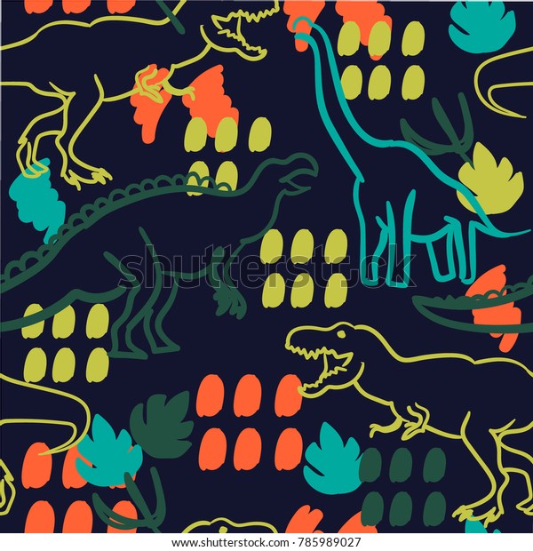 恐竜のシルエットを使ったシームレスな抽象的パターン 織物 織物 衣服 包み紙 壁紙 寝台の麻 ウェブ 男の子用の子どもの柄 のベクター画像素材 ロイヤリティフリー