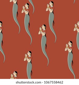 Seamless abstract pattern with silhouettes of fantastic Hindu mermaid.