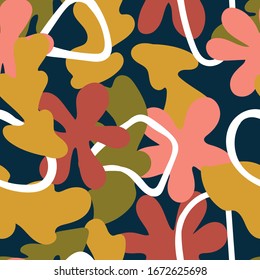 Seamless abstract pattern with silhouettes of flowers and leaves on a dark background. Vector bright contrasting textures for textiles, fabrics, shoes, wrapping paper, napkins, phone cases.