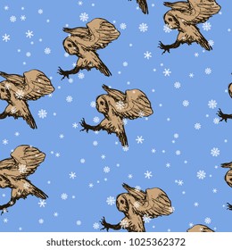 Seamless abstract pattern with silhouettes of flying hunting owls and snowflakes. Based on hand drawn sketch.