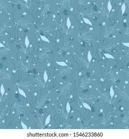 Seamless abstract pattern of silhouettes and lines on a blue background. Delicate textile ornament for fabric, wallpaper and paper.