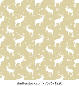Seamless abstract pattern with silhouettes on elk and snowflakes. 