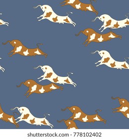 Seamless abstract pattern with silhouettes on running bulls and snowflakes. Based on Minoan art of ancient Crete. 