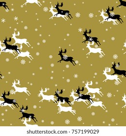 Seamless abstract pattern with silhouettes of running deer and snowflakes. Cute winter motif.