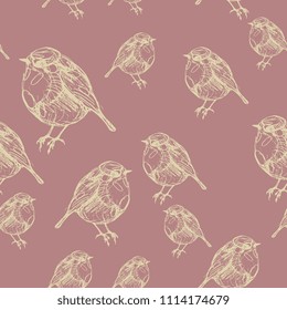 Seamless abstract pattern with silhouettes of song bird robin. Hand drawn linear pen sketch. Vintage style.