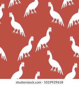 Seamless abstract pattern with silhouettes of stylized roosters or hens. Based on Mexican folk motif. Otomi Tenango embroidery style.