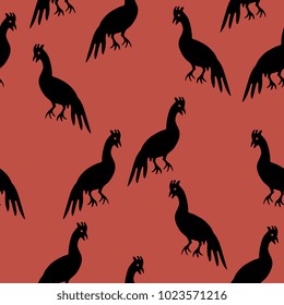 Seamless abstract pattern with silhouettes of stylized roosters or hens. Based on Mexican folk motif. Otomi Tenango embroidery style.