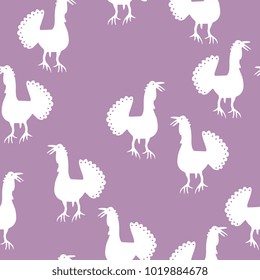 Seamless abstract pattern with silhouettes of turkey bird. Based on Mexican Otomi Tenango embroidery style folk motif.