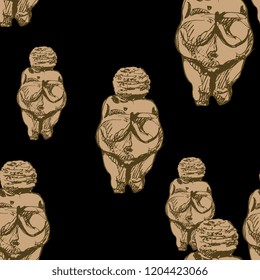 Seamless abstract pattern with silhouettes of Venus of Willendorf. Figurines of Paleolithic fertility goddess. Female archetype of Great Mother. Based on hand drawn sketch.