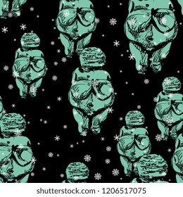 Seamless Abstract Pattern With Silhouettes Of Venus Of Willendorf And Snowflakes. Figurines Of Paleolithic Fertility Goddess. Female Archetype Of Great Mother. Based On Hand Drawn Sketch.