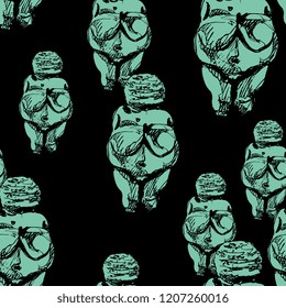Seamless abstract pattern with silhouettes of Venus of Willendorf. Figurines of Paleolithic fertility goddess. Female archetype of Great Mother. Based on hand drawn sketch.