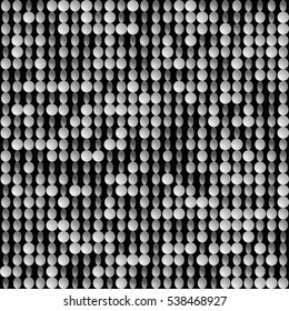 Seamless abstract pattern of silver garland mosaic. Bright shiny round sequins foil. Elements of round shape on black background. Vector illustration.