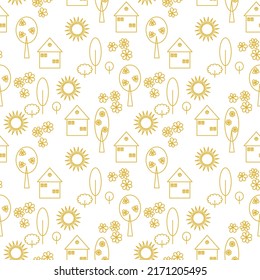 Seamless abstract pattern. Simple background on yellow, white. Vector. Sun, houses, trees, flowers. Children's texture. Design for textile fabrics, wrapping paper, background, wallpaper, cover.