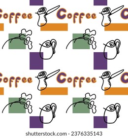 Seamless abstract pattern. Simple background in orange, green, purple, black, white. Vector. Coffee, cup, leaf. Line art. Designed for textile fabrics, wrapping paper, background, wallpaper, cover.