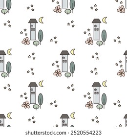 Padrão abstrato contínuo. Fundo simples em amarelo, verde, branco. Vetor. Sol, casas, árvores, flores. Textura infantil. Design para tecidos têxteis, papel de embrulho, fundo, papel de parede, capa.