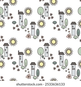 Seamless abstract pattern. Simple background on yellow, green, white. Vector. Sun, houses, trees, flowers. Children's texture. Design for textile fabrics, wrapping paper, background, wallpaper, cover.