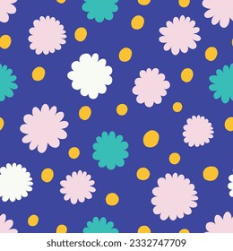 Seamless abstract pattern with simple flowers and dots. Seamless vector  texture with abstract flowers. Playful background