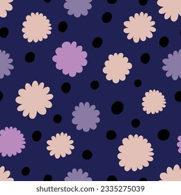Seamless abstract pattern with simple flowers and dots. Seamless vector  texture with abstract flowers. Playful background