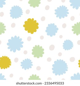 Seamless abstract pattern with simple flowers and dots. Seamless vector  texture with abstract flowers. Playful background