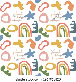 Seamless abstract pattern of simple organic shapes and lines. Natural botanical elements, flowers, rainbows. Pastel earth colors. Modern trendy vector background for textile design, fabric, paper