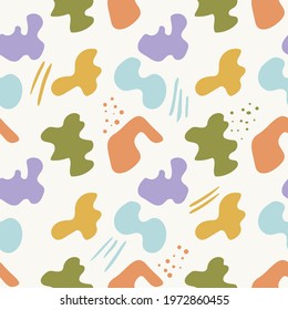 Seamless abstract pattern of simple organic shapes and lines. Natural pastel colors. Modern trendy vector background for textile design, fabric, paper, social marketing.