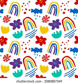 Seamless abstract pattern of simple organic shapes and lines. Natural botanical elements in bright iridescent colors. Modern fashion vector background for textile design, fabric, paper