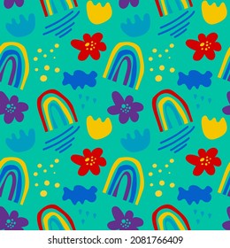 Seamless abstract pattern of simple organic shapes and lines. Natural botanical elements in bright iridescent colors. Modern fashion vector background for textile design, fabric, paper.