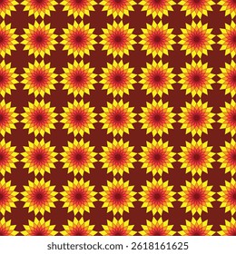 A seamless abstract pattern of simplified floral shapes that resemble gaillardia flowers with bright reds, oranges, and yellows of a maroon background,