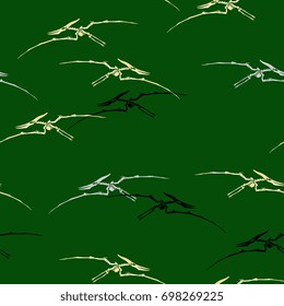 Seamless abstract pattern with skeletons of extinct prehistoric flying reptile pteranodon. On dark green background.