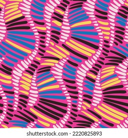 Seamless abstract pattern with sketched, streaked waves on a bright pink background. Modern surface design, colorful doodle texture with stripes, hand drawn lines. Vector illustration.